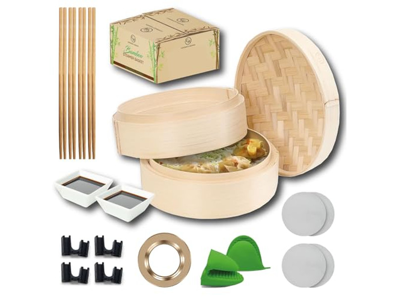 Cestello per Cottura a Vapore in Bambù per 6 Momo Bun e Verdure