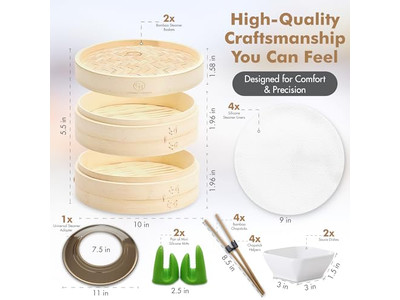 Cestello per Cottura a Vapore in Bambù per 6 Momo Bun e Verdure