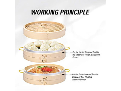 Cestello per Cottura a Vapore in Bambù a 3 Strati per Cucina