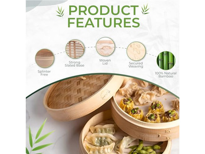 Cestello per Cottura a Vapore in Bambù con Coperchio per Pentola Profonda e Broccoli